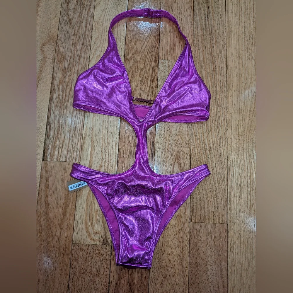 NWT SKIMS METALLIC SWIM HALTER MONOKINI IN DRAGONFRUIT
